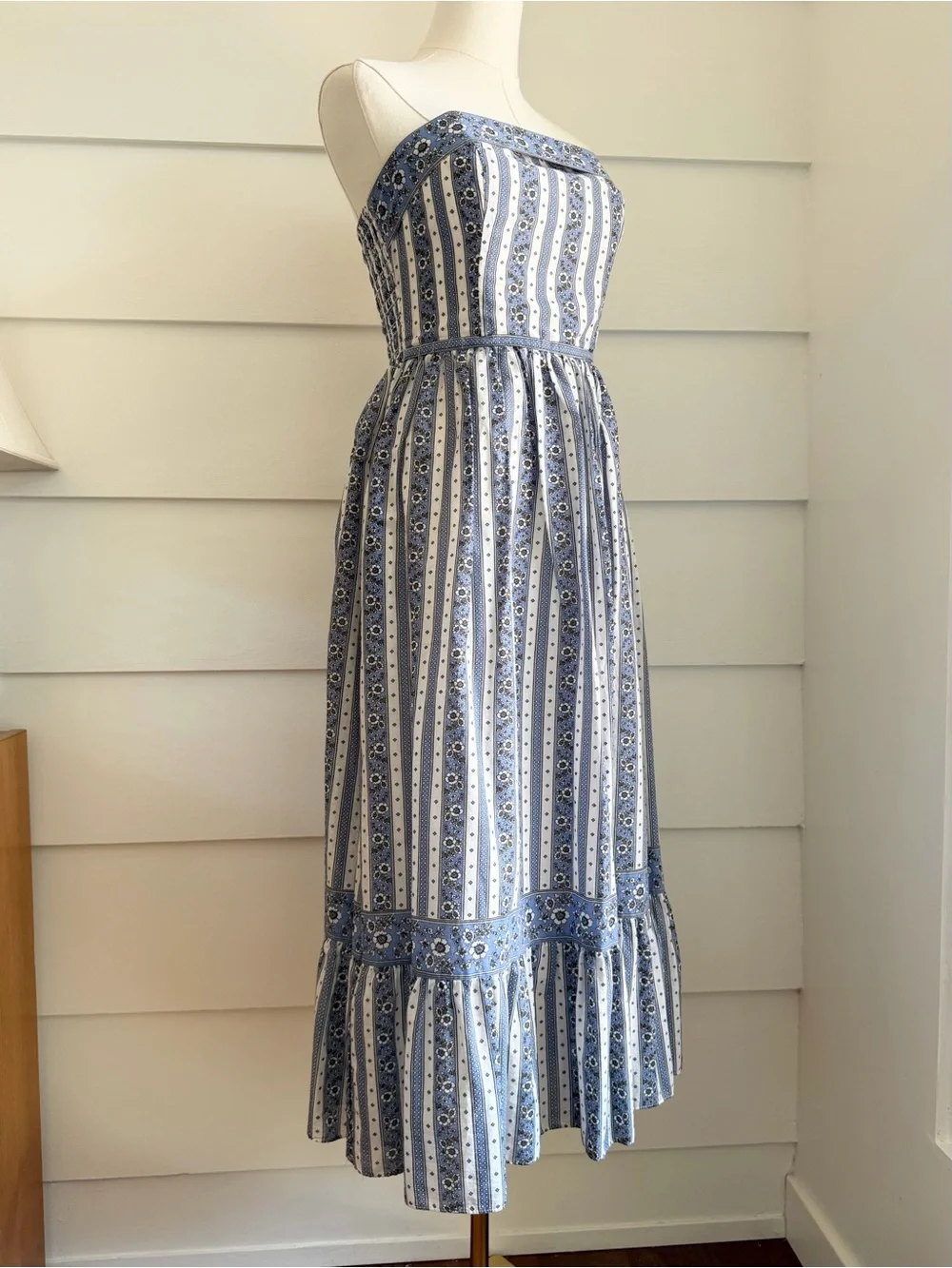 Max Studio Strapless Midi Dress in Blue Heritage Ribbon size S